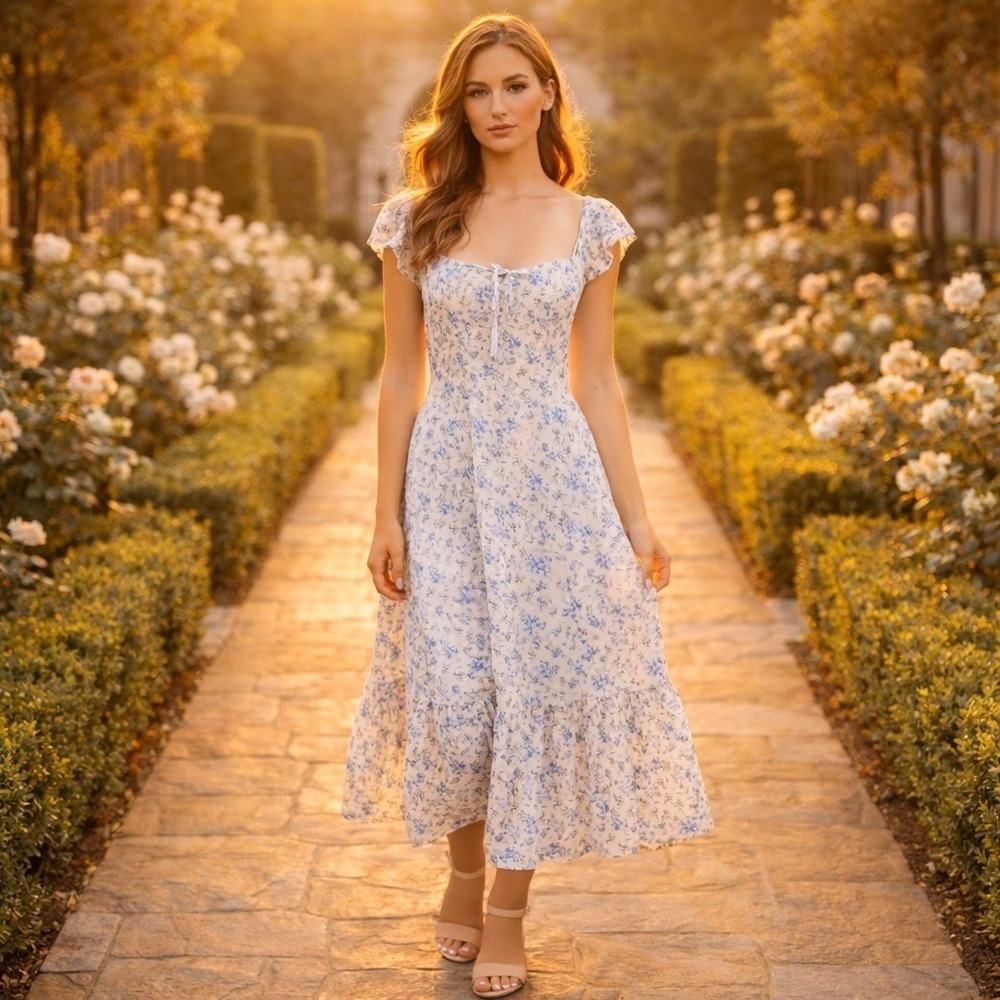 Worth Collective Emery Cottagecore Floral Midi Sundress L Blue White Romantic